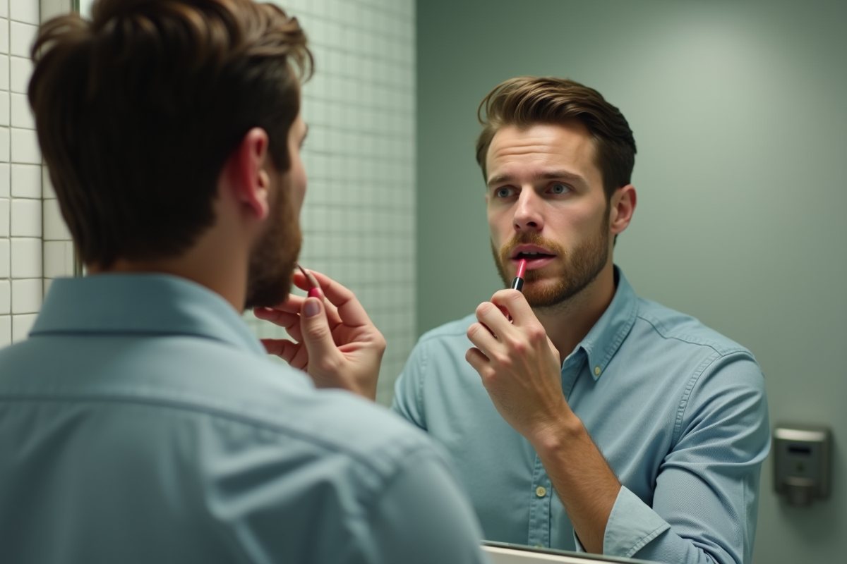 Homme vérifiant ses lèvres dans un miroir de salle de bain