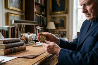 Homme age en costume navy tenant une montre vintage
