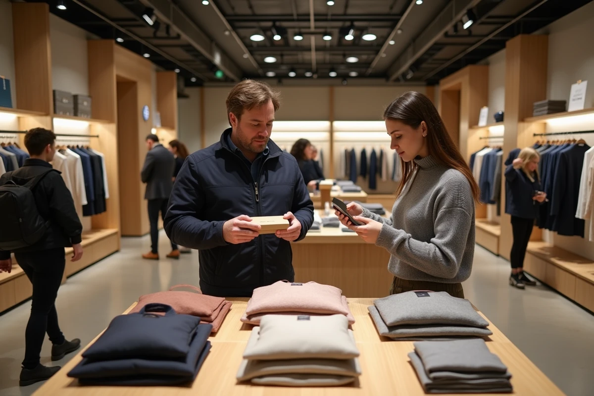 Intérieur d'une boutique réputée sur les Champs-Élysées avec des clients faisant leurs achats en toute sérénité
