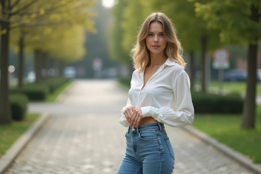 Femme en jeans flare et blouse blanche dans un parc urbain