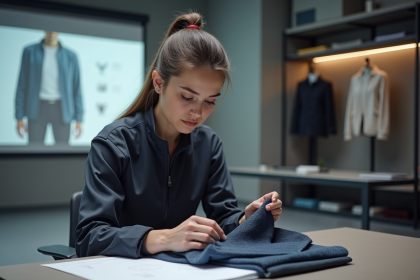 Jeune femme designer examine un tissu futuriste dans son studio