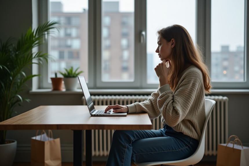 Jeune femme pensant devant son ordinateur dans un appartement moderne