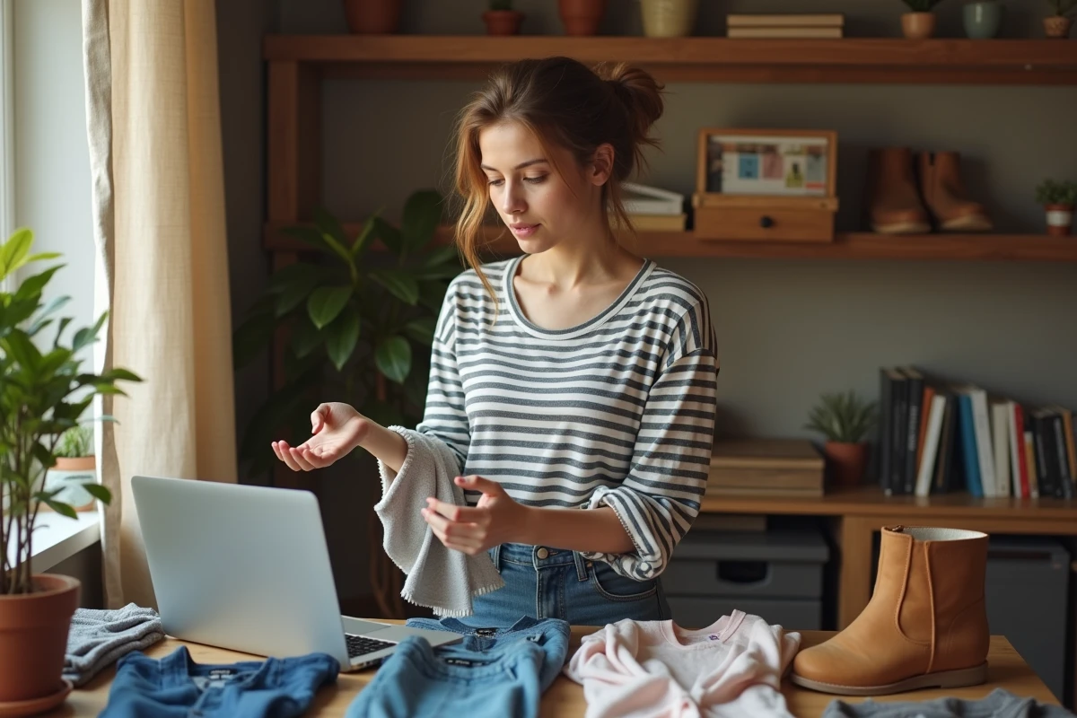 Jeune femme comparant des vêtements et chaussures d'une marque peu connue sur un bureau à la maison, recherche consommateur