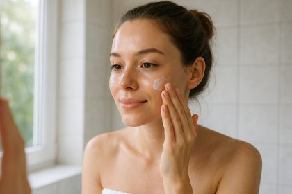 Jeune femme appliquant une creme hydratante sur le visage