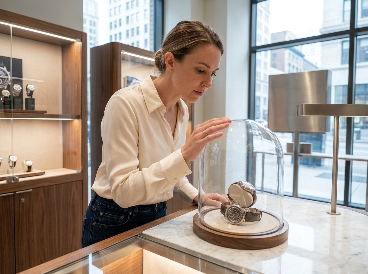 Jeune femme examine une montre de luxe dans une boutique