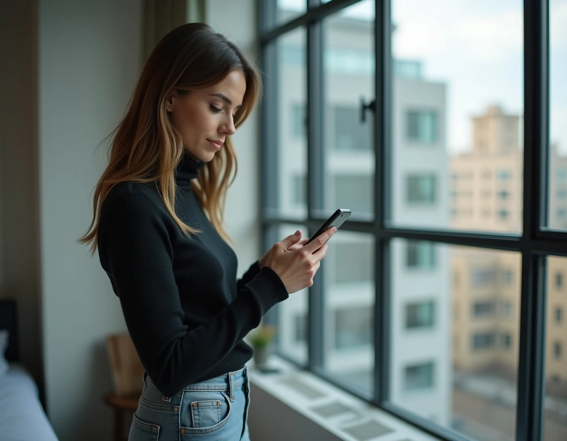 Jeune femme consultant une plateforme d'abonnement numérique sur son smartphone en appartement urbain