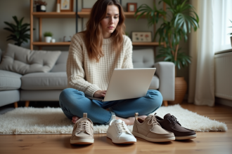 Jeune femme assise sur un tapis avec des baskets modernes autour