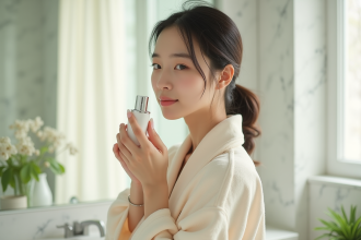 Jeune femme asiatique appliquant une essence visage dans une salle de bain lumineuse
