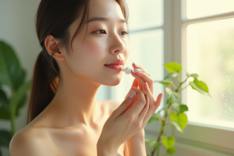 Jeune femme koreenne appliquant un serum visage lumineux