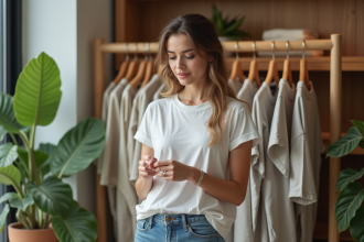 Jeune femme examine une étiquette de vêtement écologique