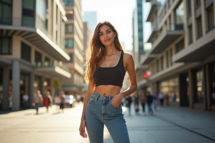 Jeune femme souriante en ville en crop top et jeans