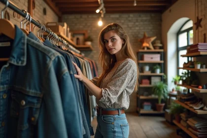 Jeune femme vintage dans une boutique de seconde main