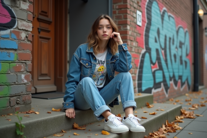 Jeune femme en denim vintage sur les escaliers urbains
