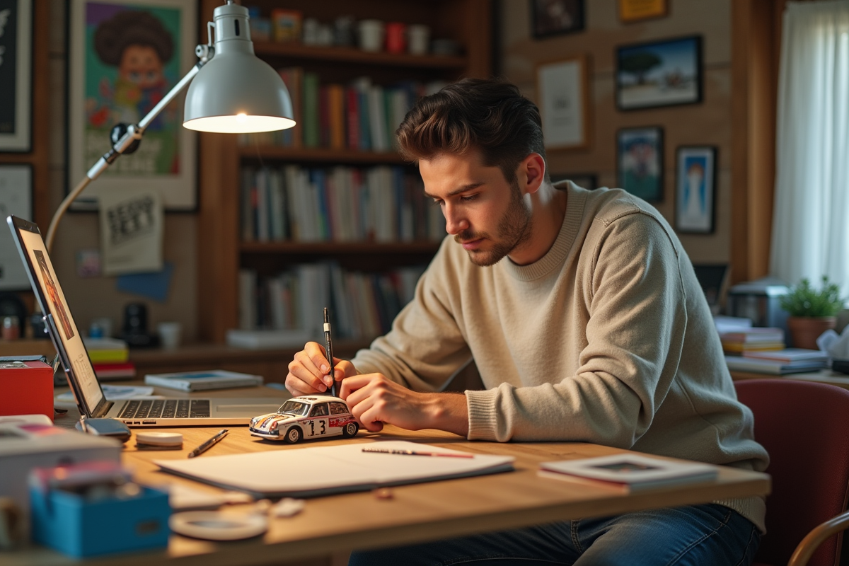 Jeune homme assemble modele de voiture en atelier