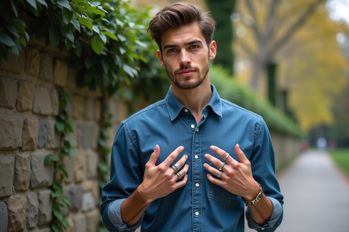 Jeune homme ajustant ses bagues dans un parc urbain