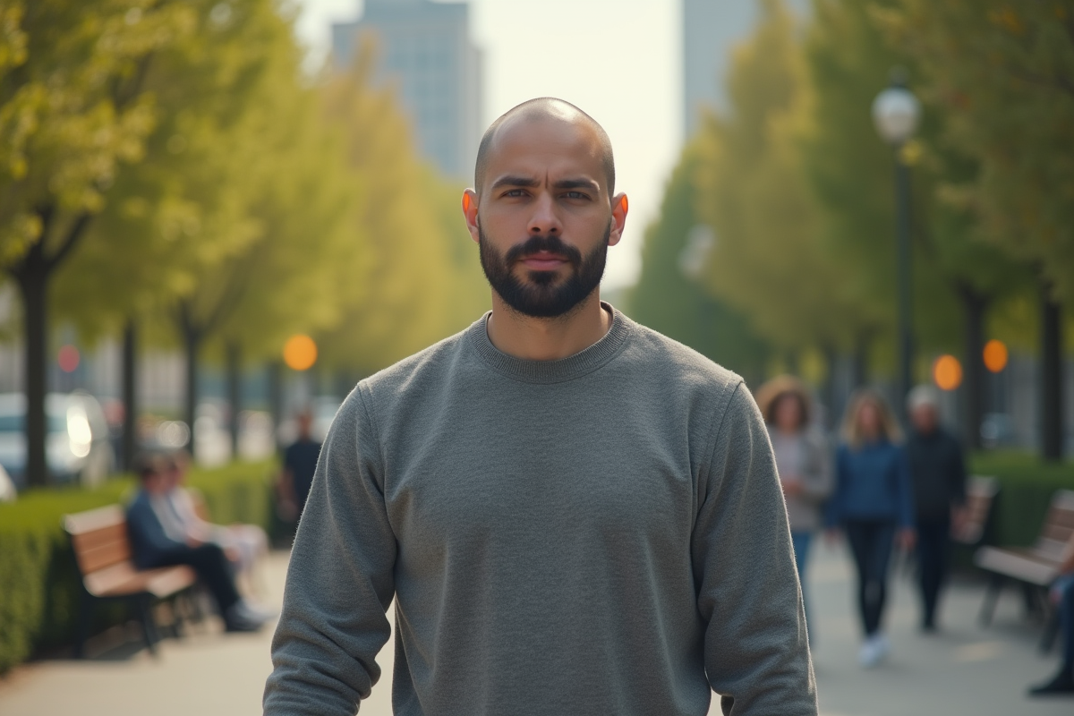 Jeune homme chauve avec barbe dans un parc urbain