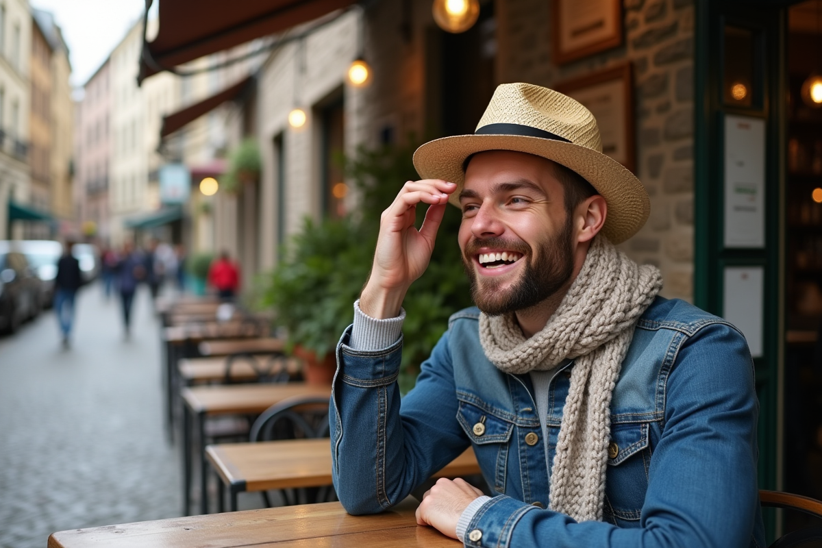 Jeune homme en café décontracté avec chapeau straw