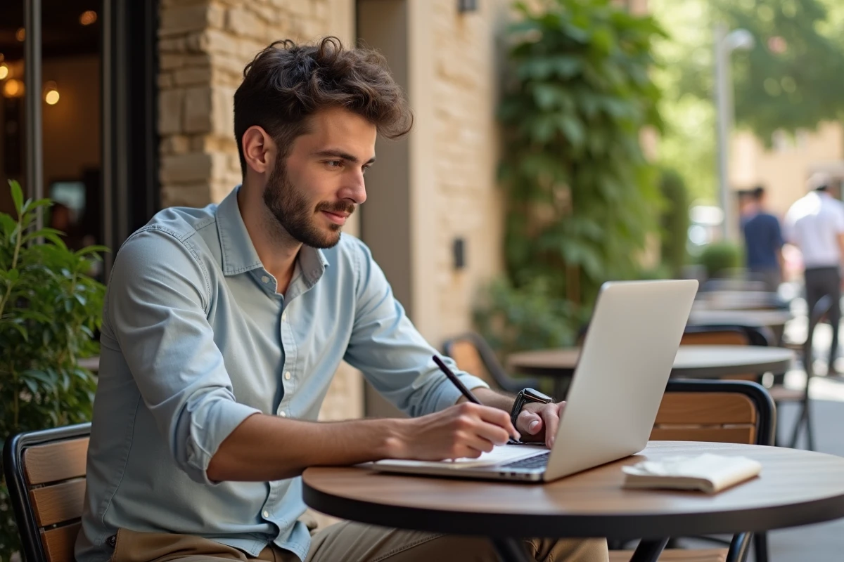 Jeune homme prenant des notes au café en regardant son ordinateur