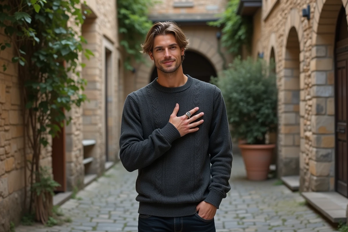 Jeune homme avec bague en argent dans une cour ancienne