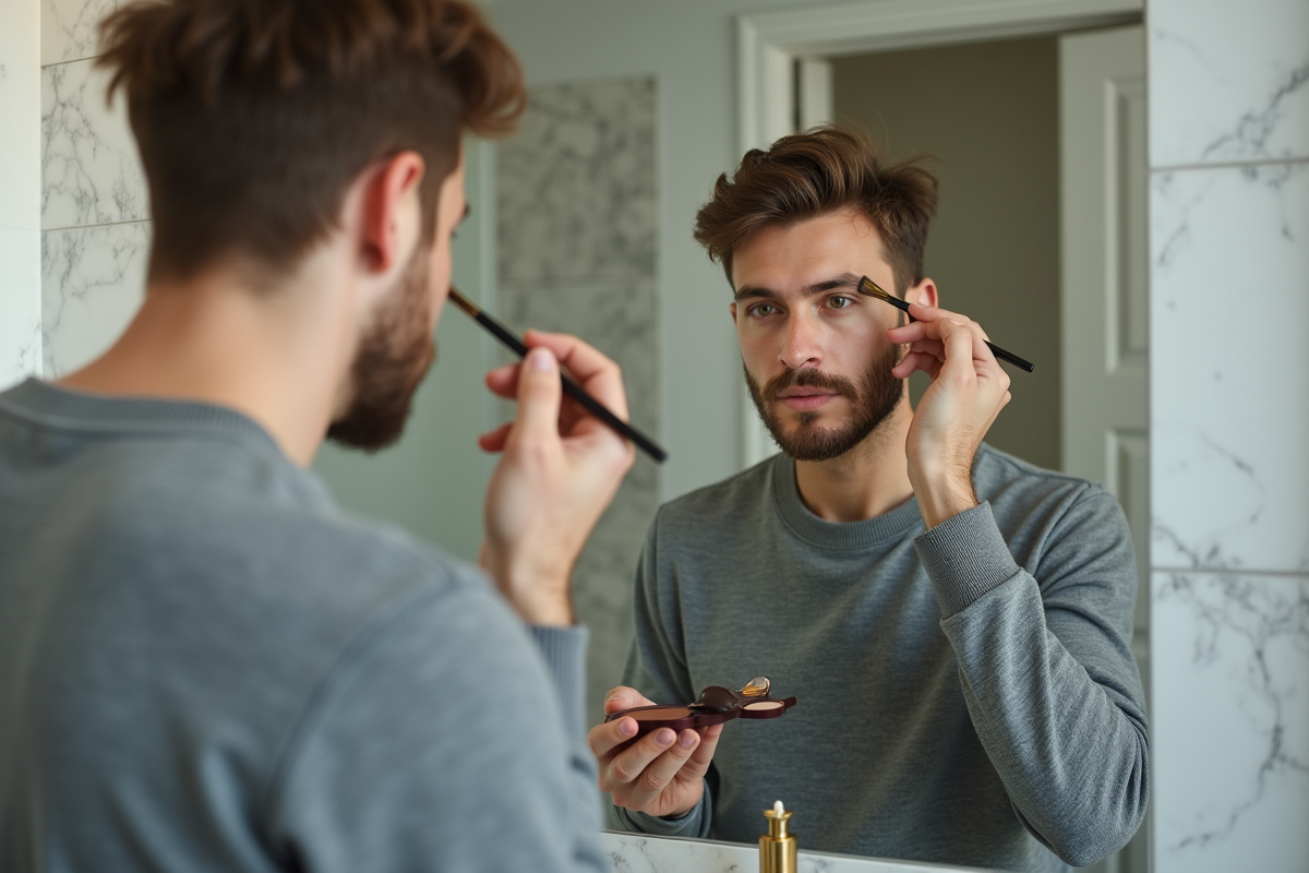 Jeune homme appliquant un contouring facial dans la salle de bain
