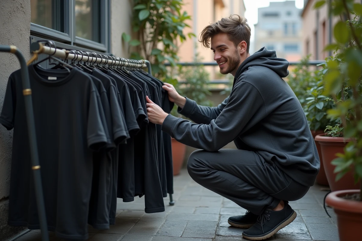 Jeune homme suspendant des t-shirts teints sur un balcon urbain