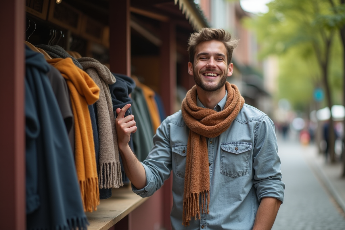 Jeune homme portant des écharpes dans un marché en plein air