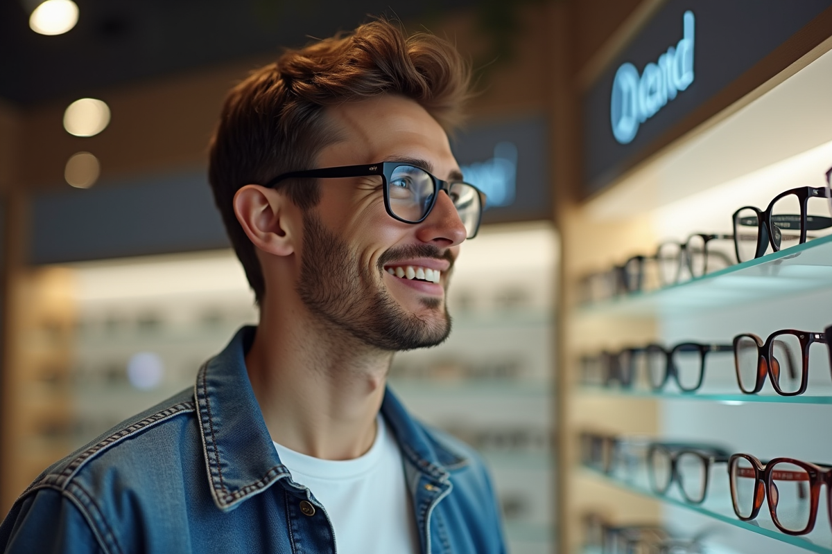 Jeune homme essayant des lunettes dans une boutique moderne