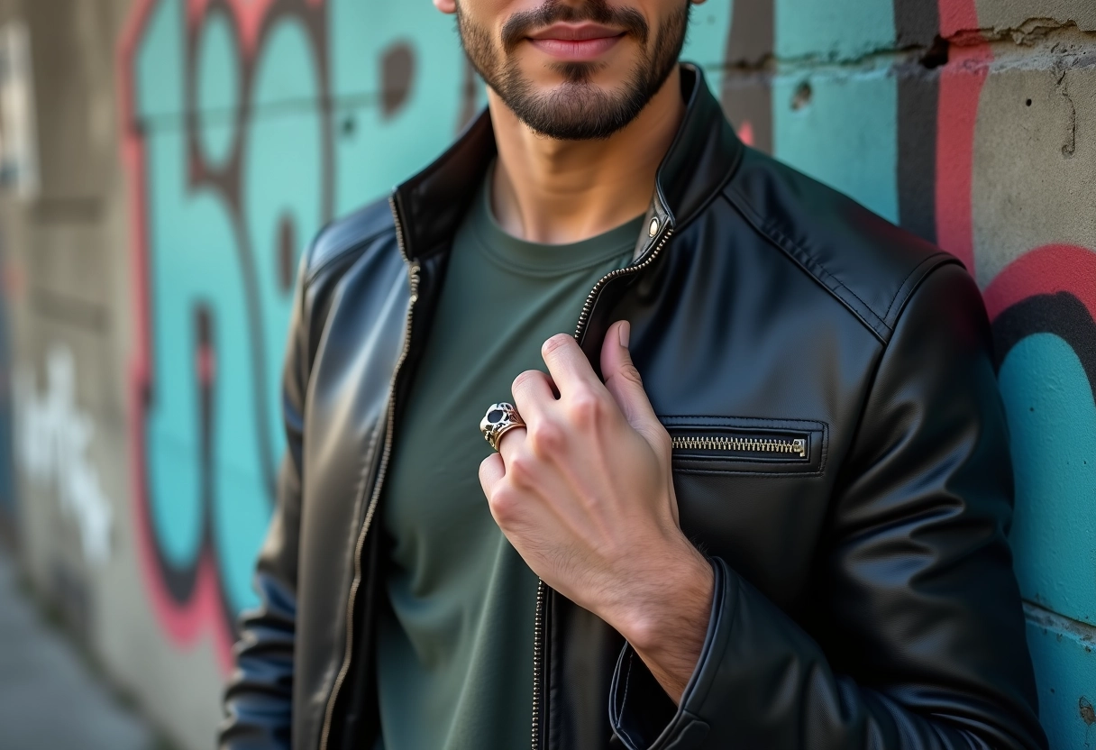 Jeune homme en cuir montre un anneau skull en extérieur