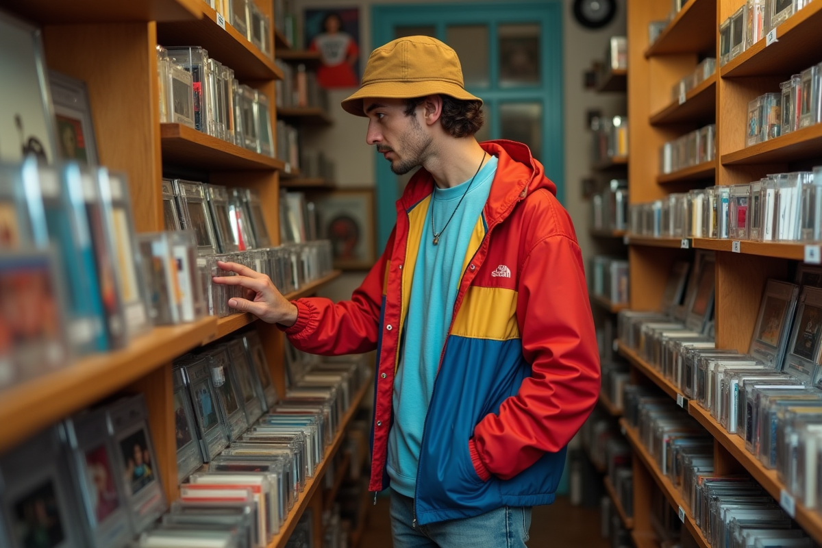 Jeune homme cherchant des cassettes dans un magasin rétro