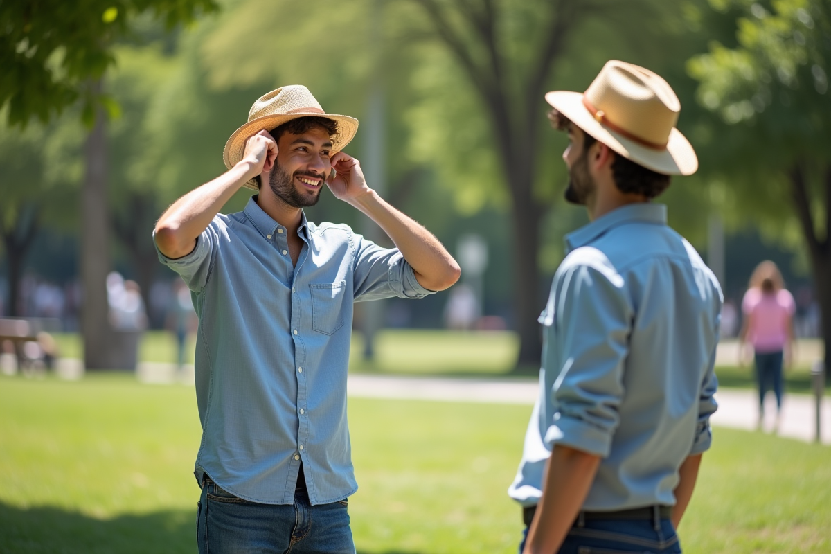 Jeune homme ajustant son chapeau dans un parc urbain