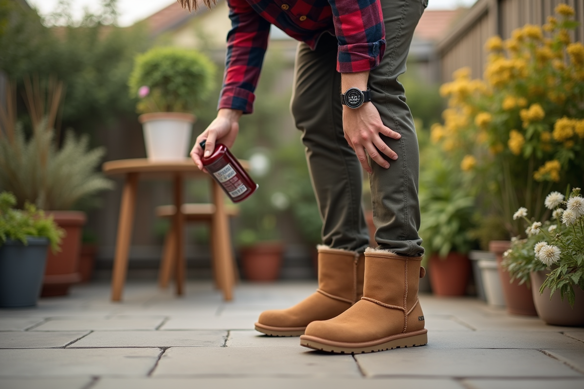 Jeune homme appliquant un spray de protection sur ses chaussures UGG dehors