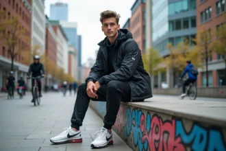 Jeune homme en joggers et sneakers Nike dans une ville dynamique