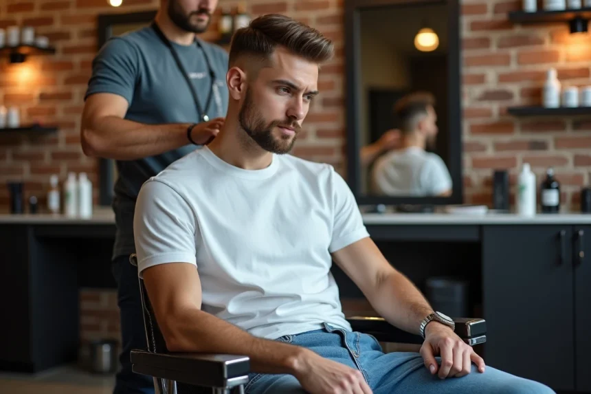 Jeune homme élégant en barbershop avec coupe fade