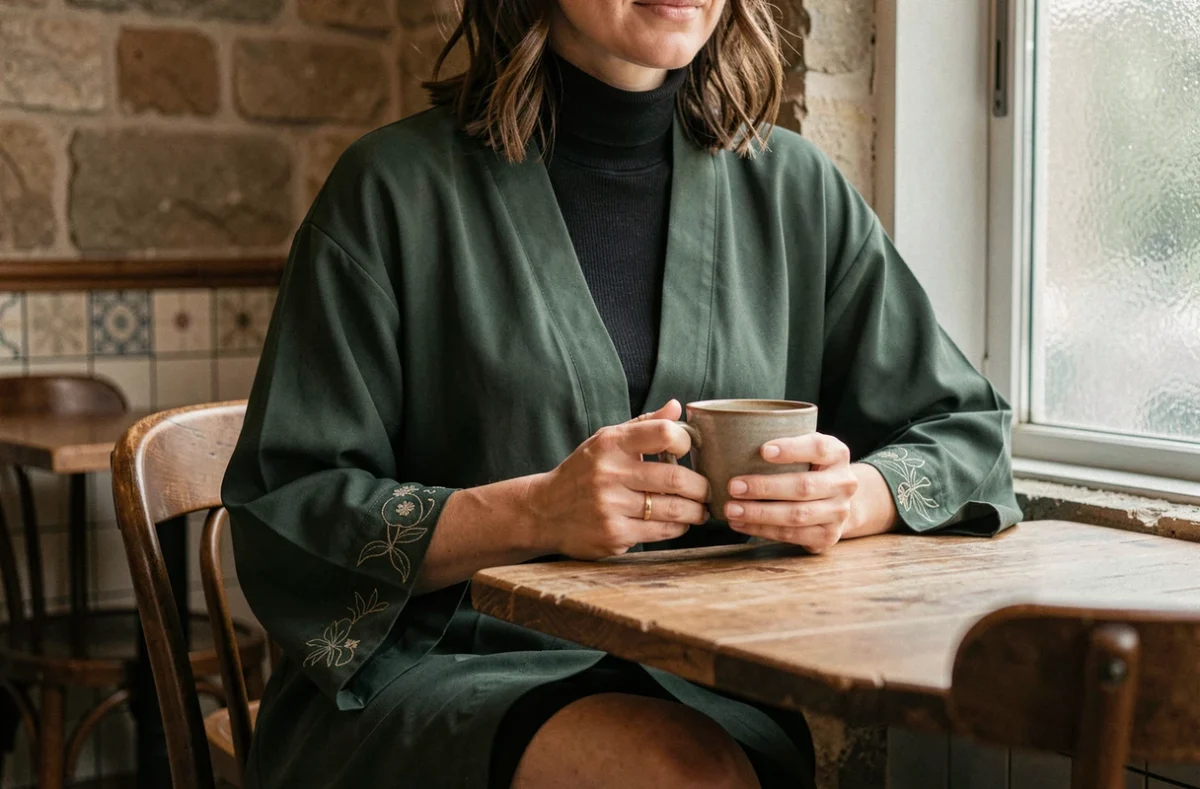 Femme assise dans un café parisien portant un kimono court en crêpe vert forêt avec broderies