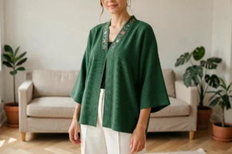 Femme portant un kimono court en fin vert à manches larges dans un appartement parisien minimaliste