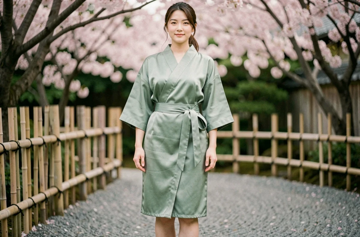 Kimono court femme en tissu fin vert sauge avec ceinture dans un jardin japonais