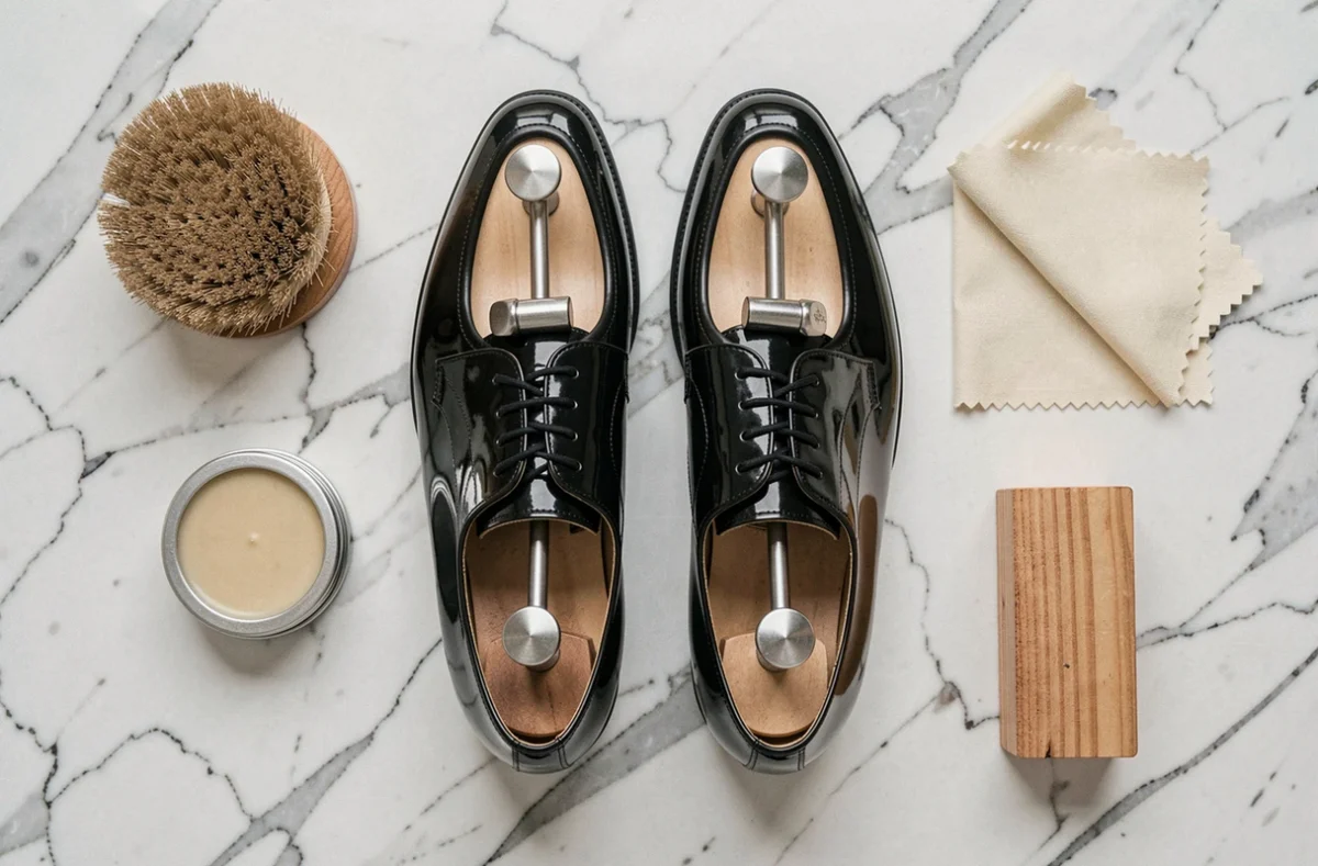 Vue du dessus d'un kit d'entretien de chaussures de luxe avec formes métalliques sur marbre blanc