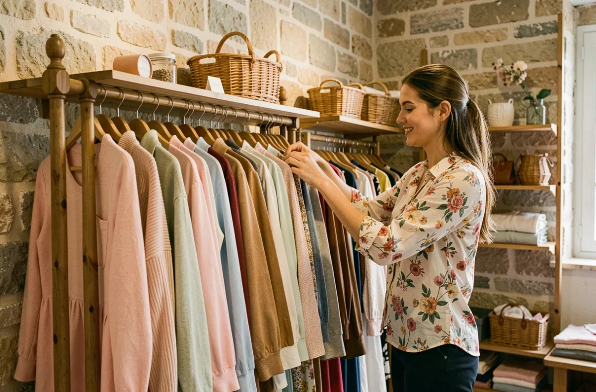 Intérieur de la boutique Le Dressing de Minette à Caen, vendeuse arrangeant des vêtements féminins colorés sur un portant en bois