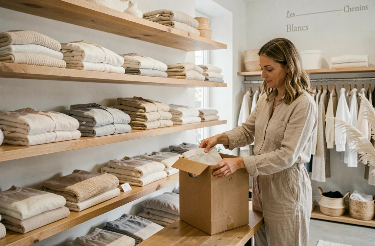 Intérieur épuré de la boutique Les Chemins Blancs à Caen, ambiance lin et bois naturel avec une propriétaire arrangeant des vêtements en fibres naturelles