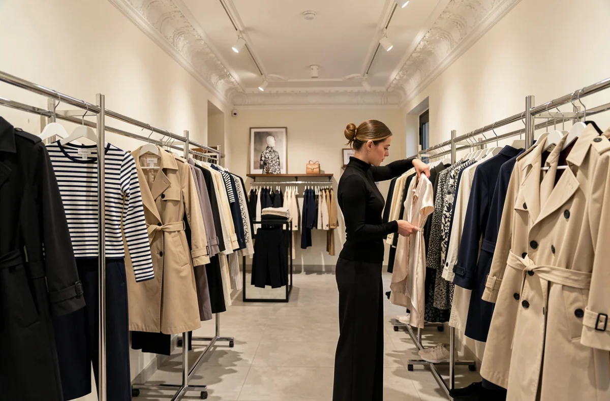 Intérieur de la boutique Les Parisiennes à Caen avec mode à la française, marinières et imperméables sur portants chromés, vendeuse élégante au comptoir