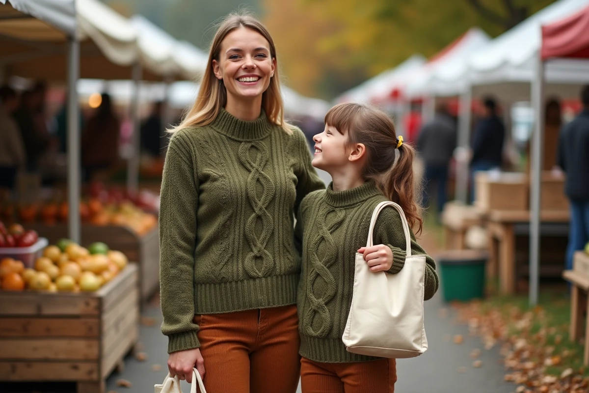 Duo mère fille en pulls coordonnés vert olive au marché automnal