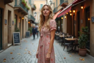 Jeune femme blonde aux cheveux ondulés en robe fleurie vintage dans une rue pavée européenne, style éditorial mode