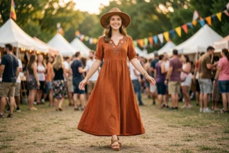 Jeune femme en robe maxi brodée style hippie années 70 lors d'un festival estival en plein air