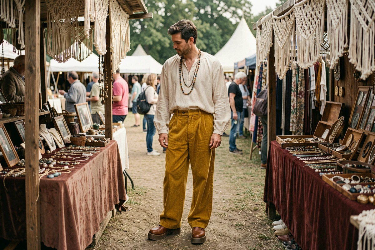 Homme en pantalon pattes d'éléphant et blouse paysanne style bohème hippie dans un marché de festival