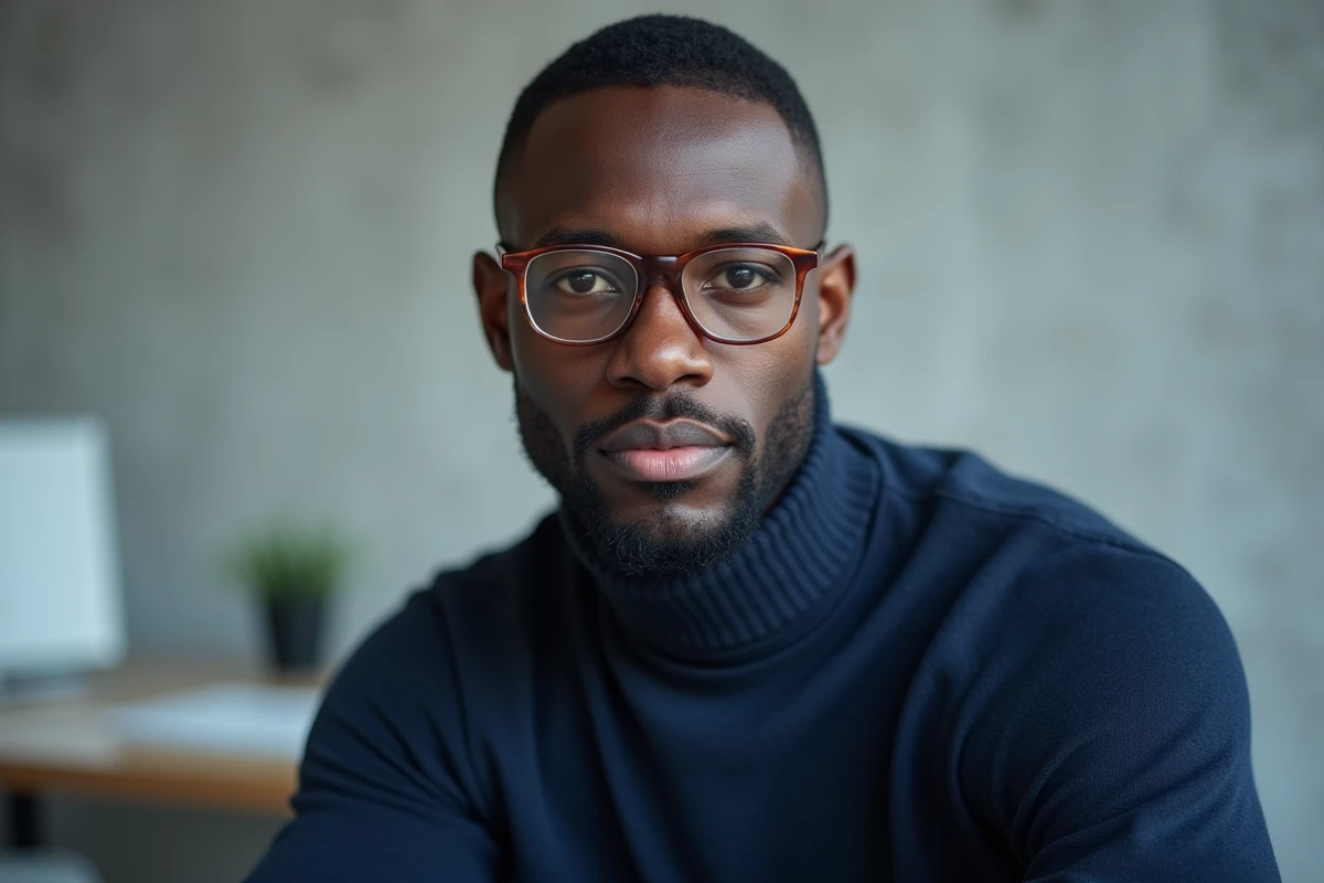 Homme à la peau ébène portant des lunettes fine monture rose gold tendance 2026, pull col roulé marine dans un studio épuré