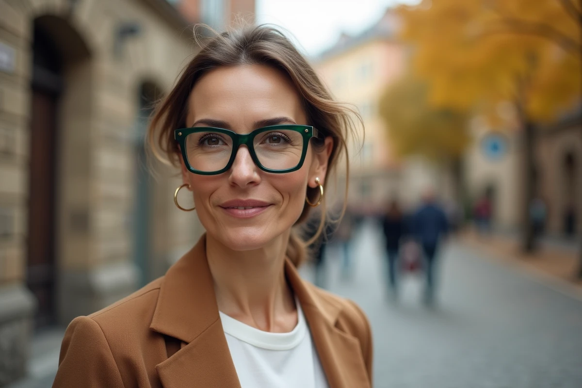 Femme au teint clair portant des lunettes carrées vert forêt tendance 2026 avec un blazer camel, dans une rue pavée européenne en automne