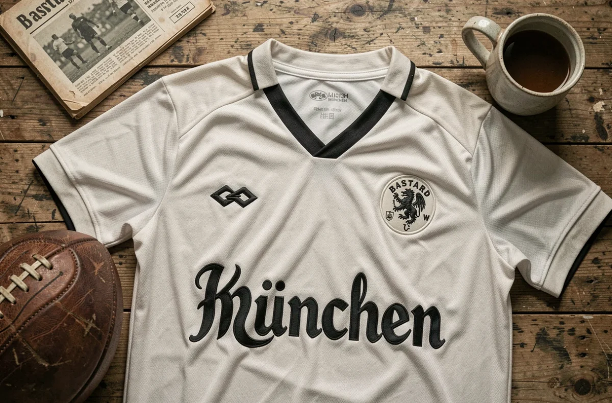 Maillot Bastard München posé à plat avec des accessoires vintage de football en vue de dessus