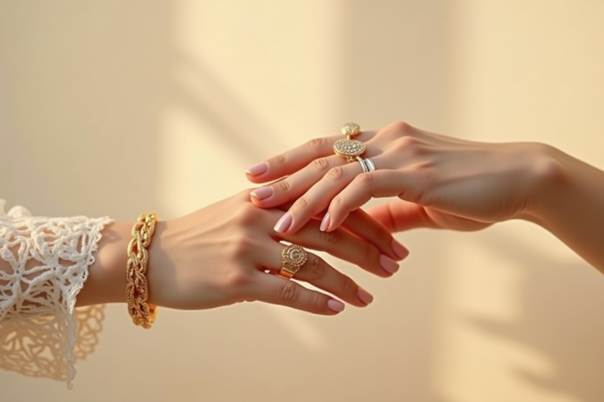 Mains élégantes avec bagues et bracelets en or et argent