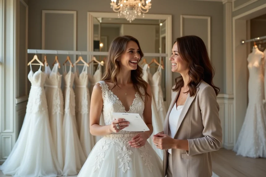 Mariée souriante en robe de dentelle dans une boutique élégante