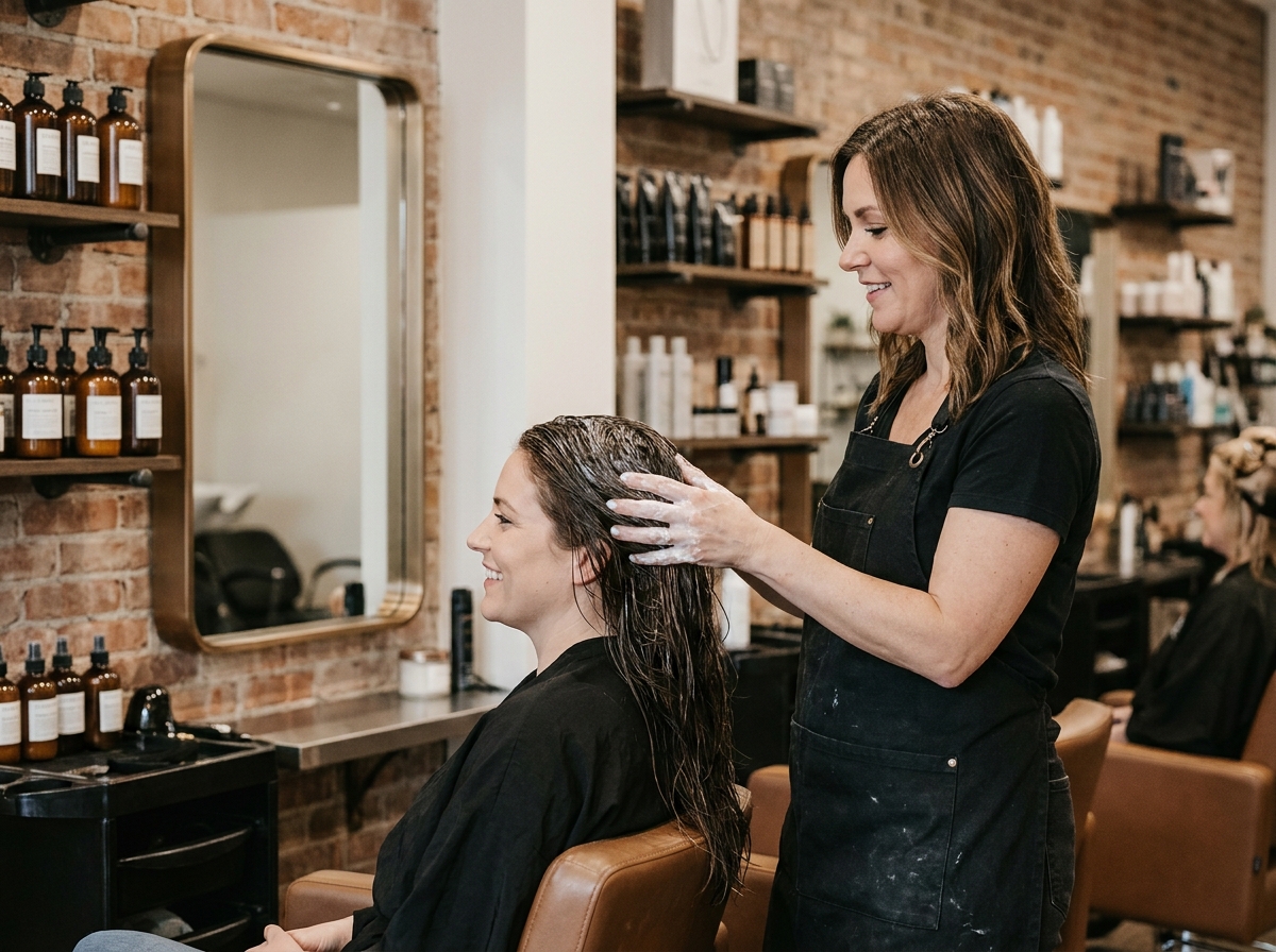 Coiffeuse professionnelle appliquant un masque capillaire sur une cliente dans un salon haut de gamme